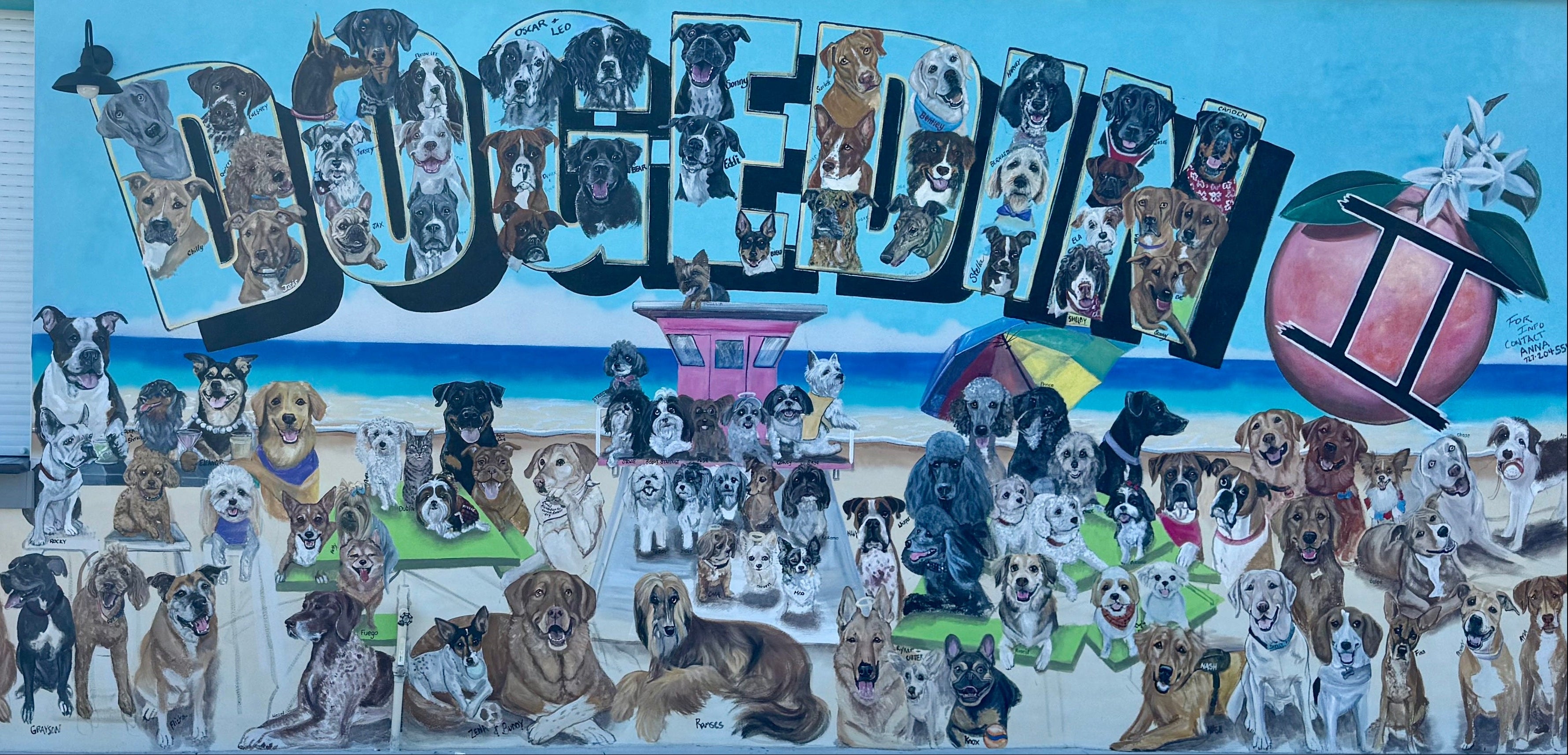 Bulldog-themed collage with various bulldogs in different poses and outfits, displayed on a wall.